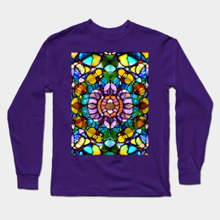 Stained Glass Abstract Rose Mandala Long Sleeve T-Shirt